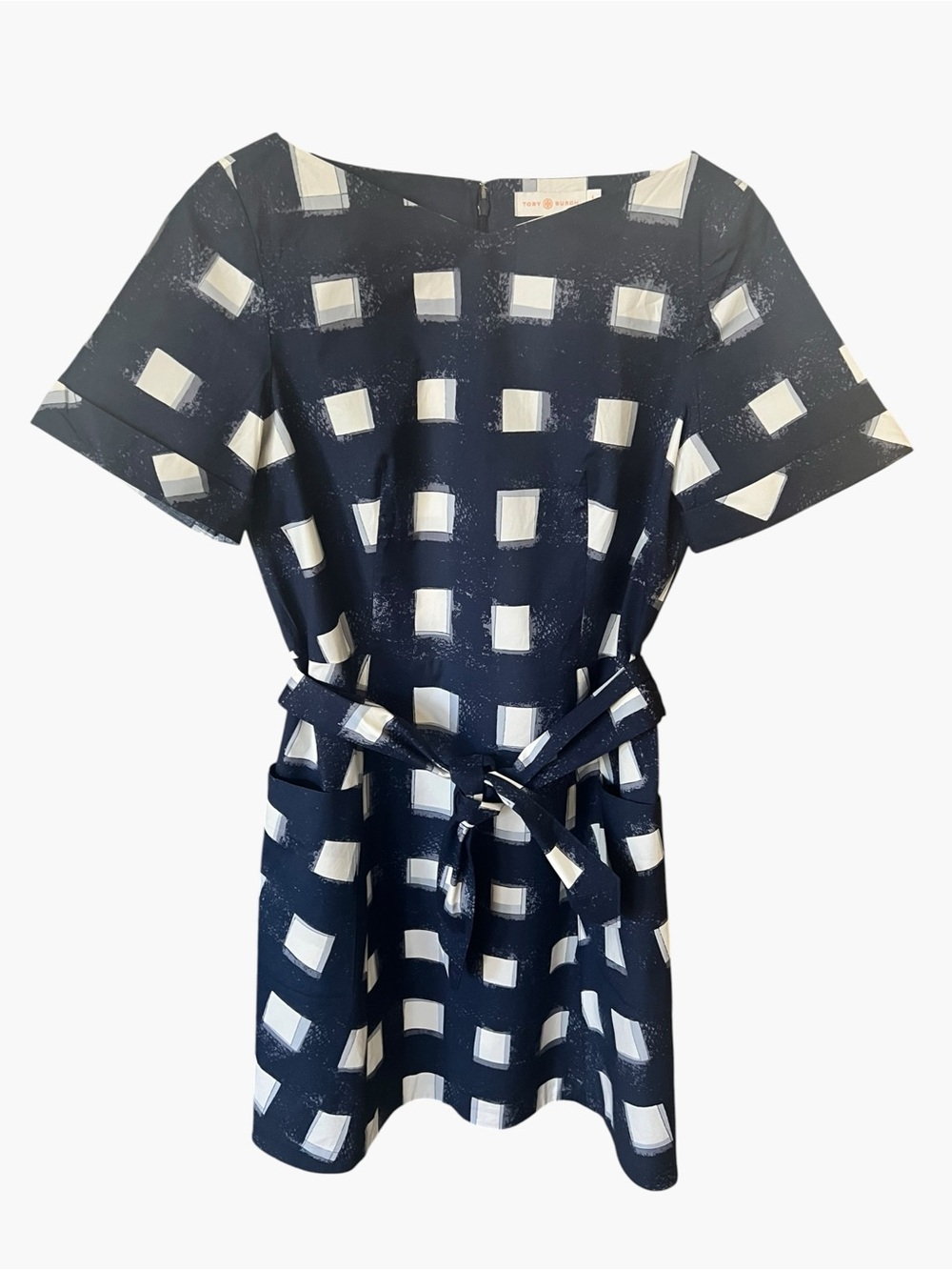 Tory Burch Navy Square Print Tie-Waist Dress
